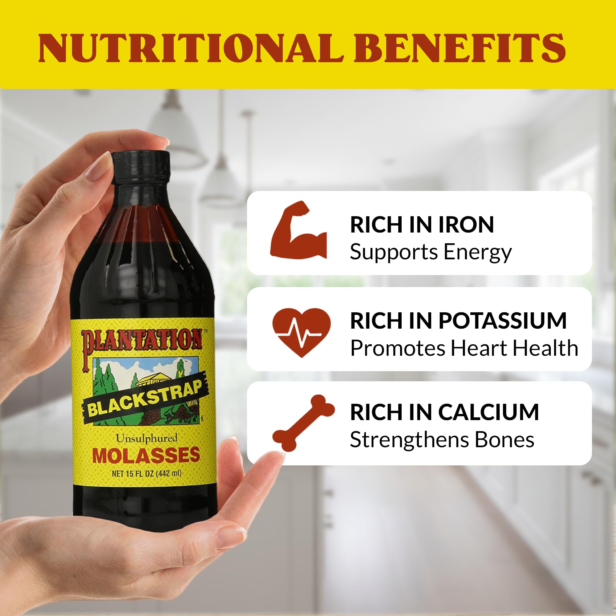 Plantation Blackstrap Molasses jar label emphasizes unsulphured quality and pure sweetness