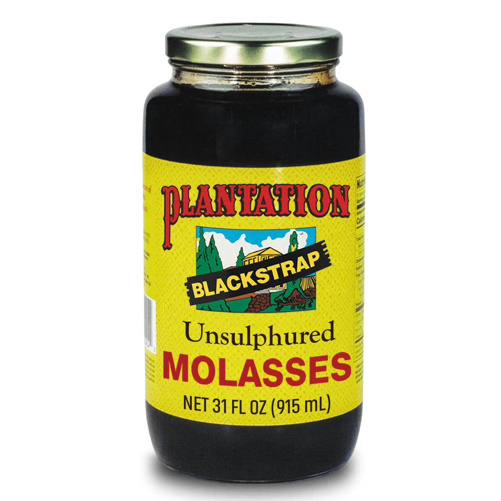 Plantation Organic Blackstrap Molasses bottle front, rich flavor for baking inspiration.