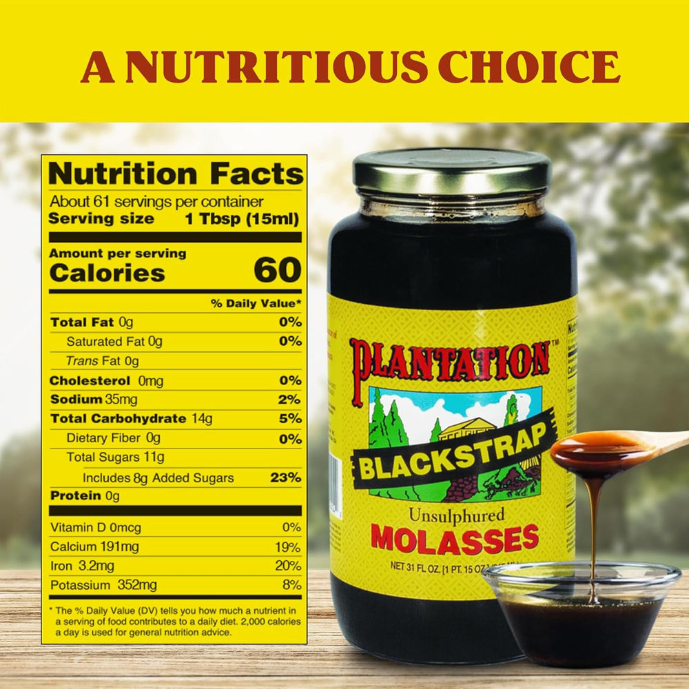 Plantation Organic Blackstrap Molasses bottle pour, adds depth to sauces and beverages.