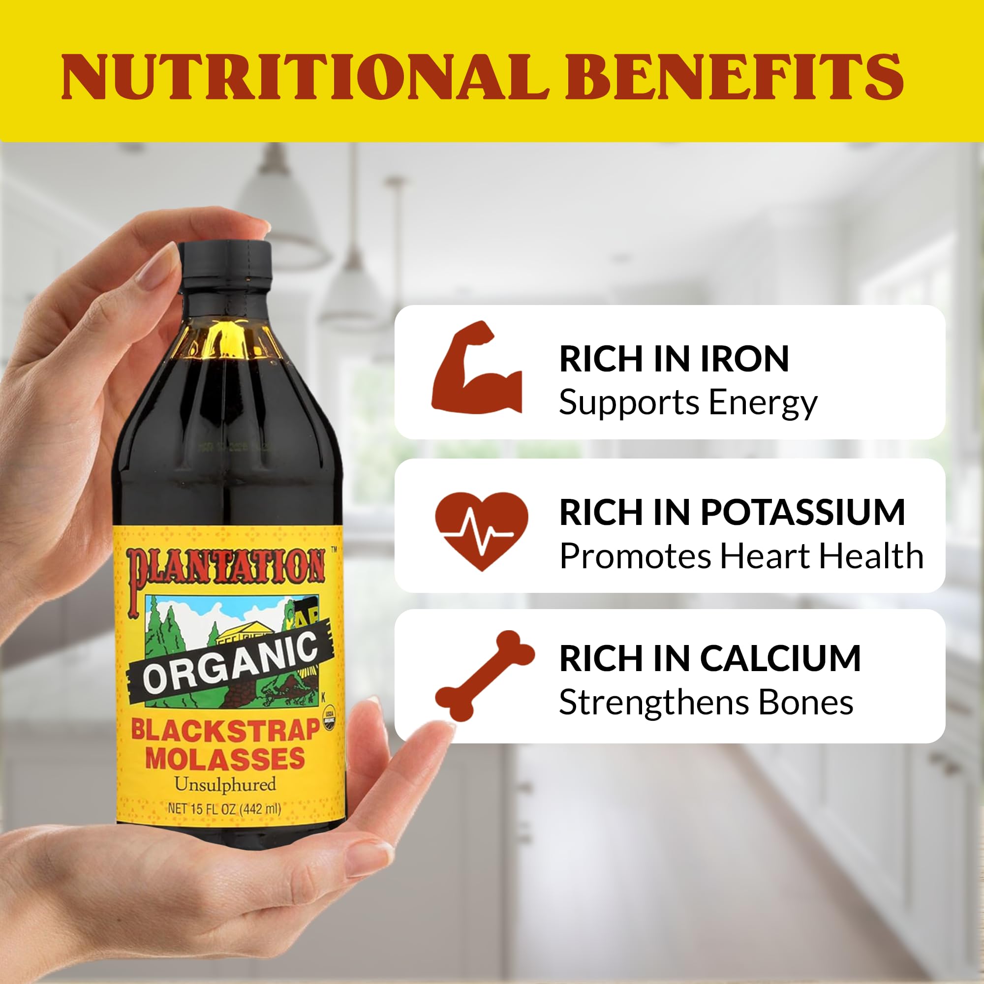 Plantation Organic Blackstrap Molasses label closeup with organic certification