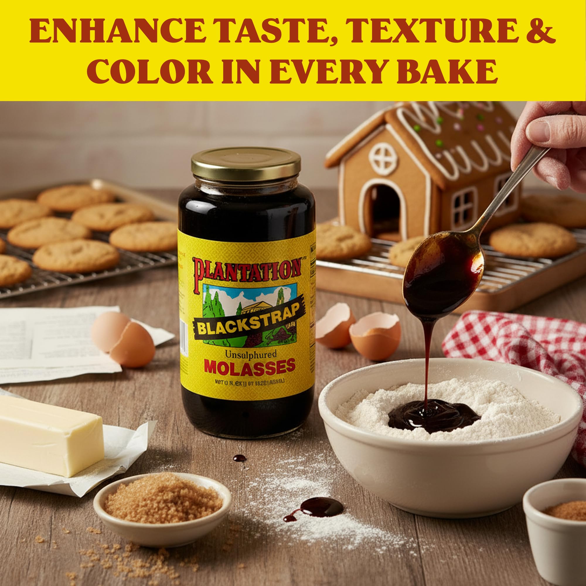Plantation Organic Blackstrap Molasses measuring tablespoon, precise serving for recipes.