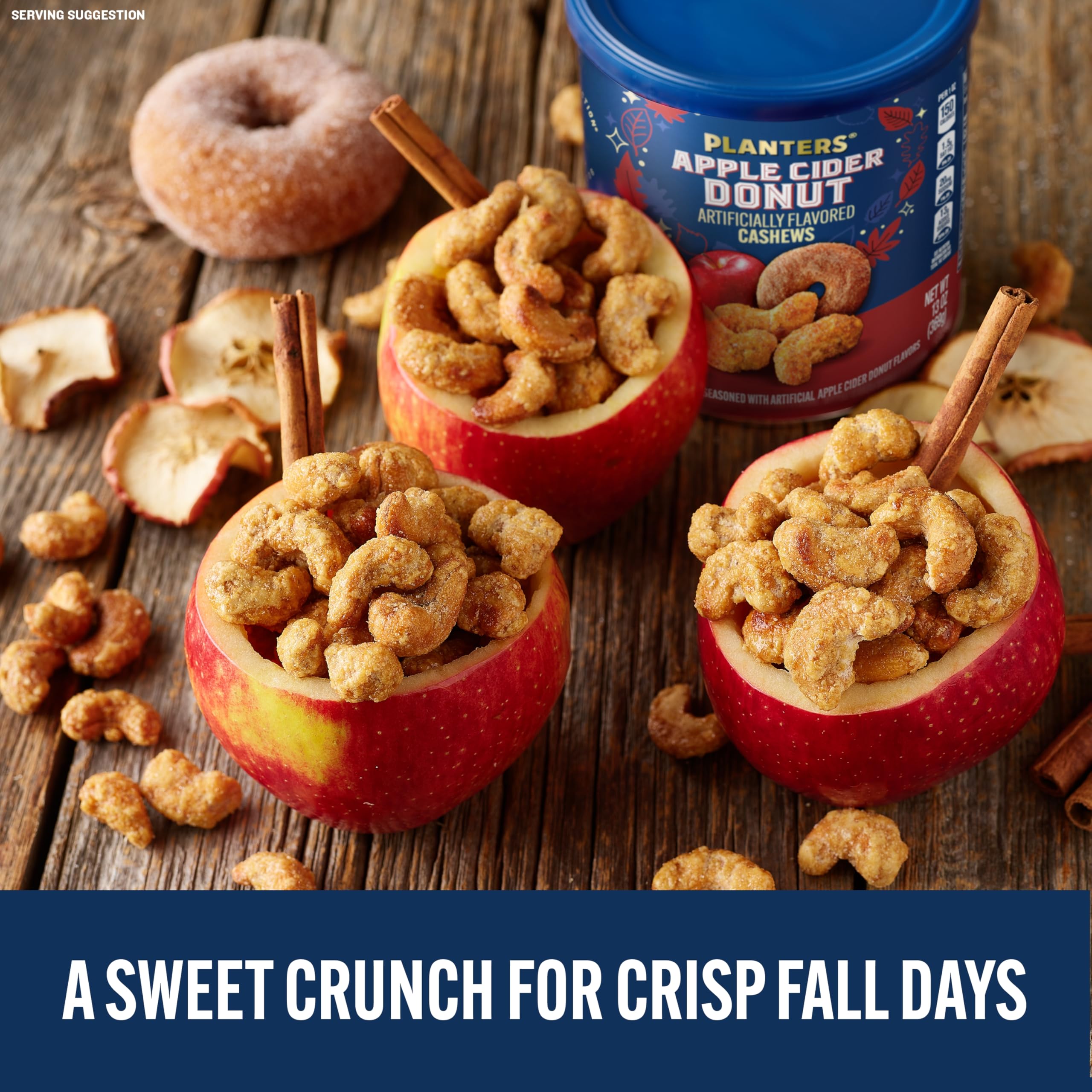Planters Apple Cider Donut Cashews on a festive fall table