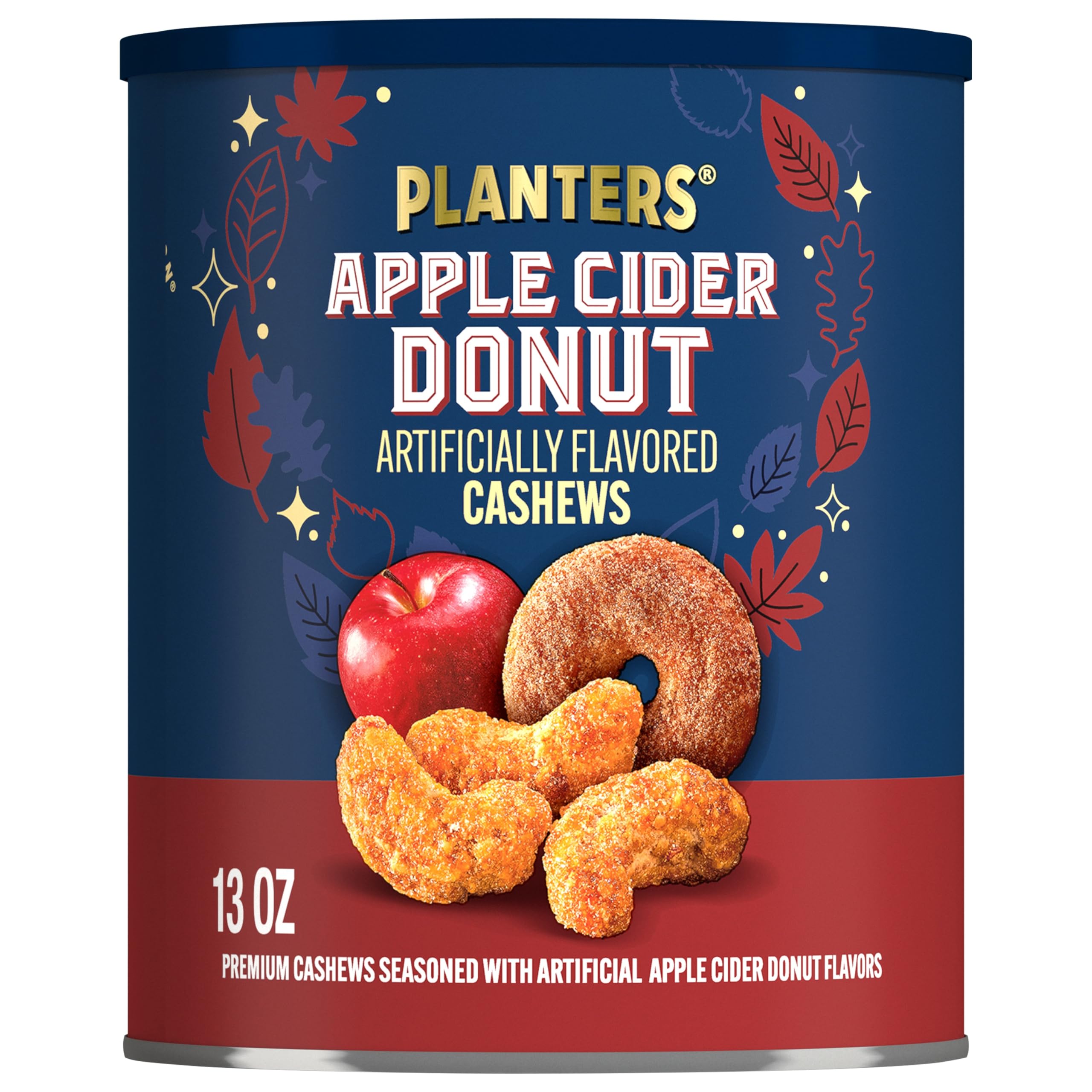 Planters Apple Cider Donut Cashews packaging with resealable canister for freshness