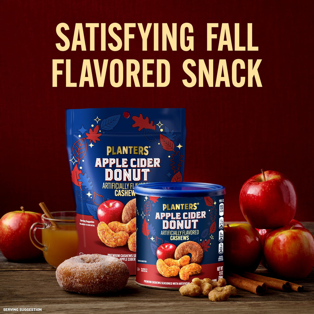Airtight resealable canister of Planters Apple Cider Donut Cashews