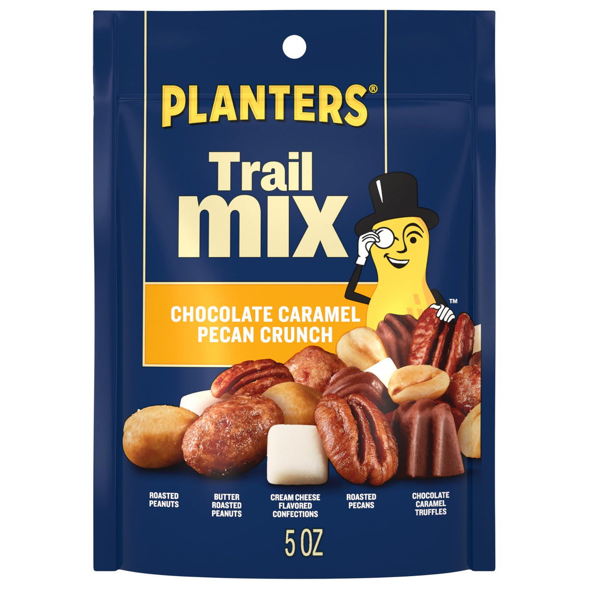 Planters Caramel Pecan Crunch Trail Mix bag close-up, energizing snack for busy days.