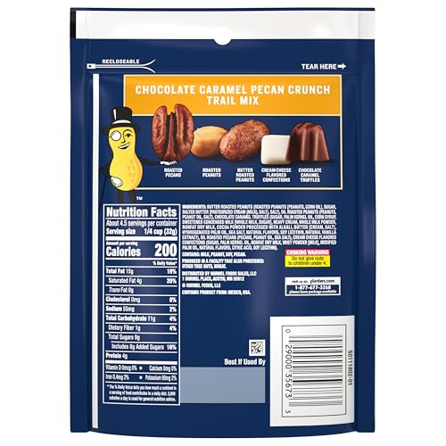 Planters Caramel Pecan Crunch Trail Mix ingredients visible, satisfying texture and flavor cravings.