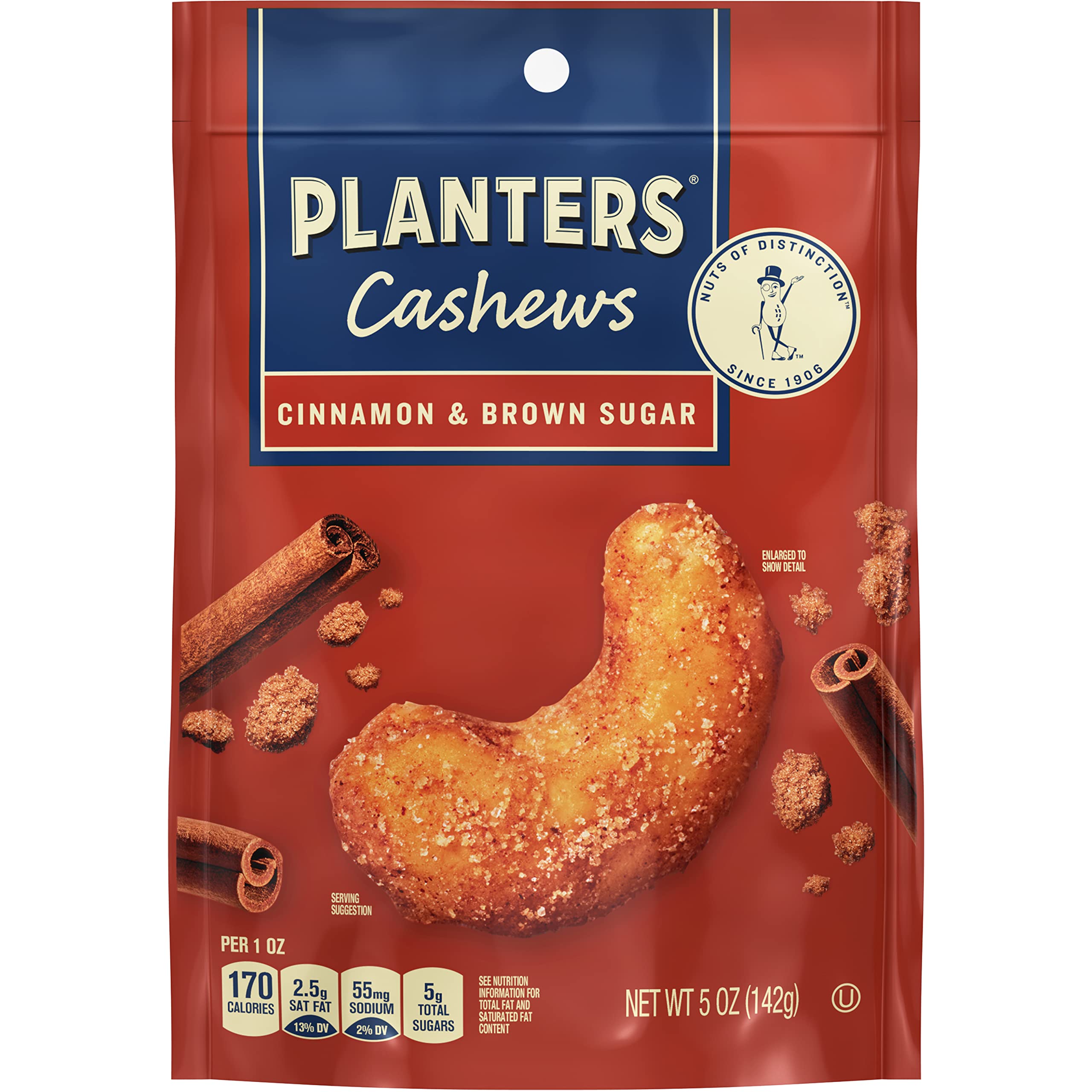 PLANTERS cashews cinnamon and brown sugar snack pack closeup with glossy candied coating for sharing