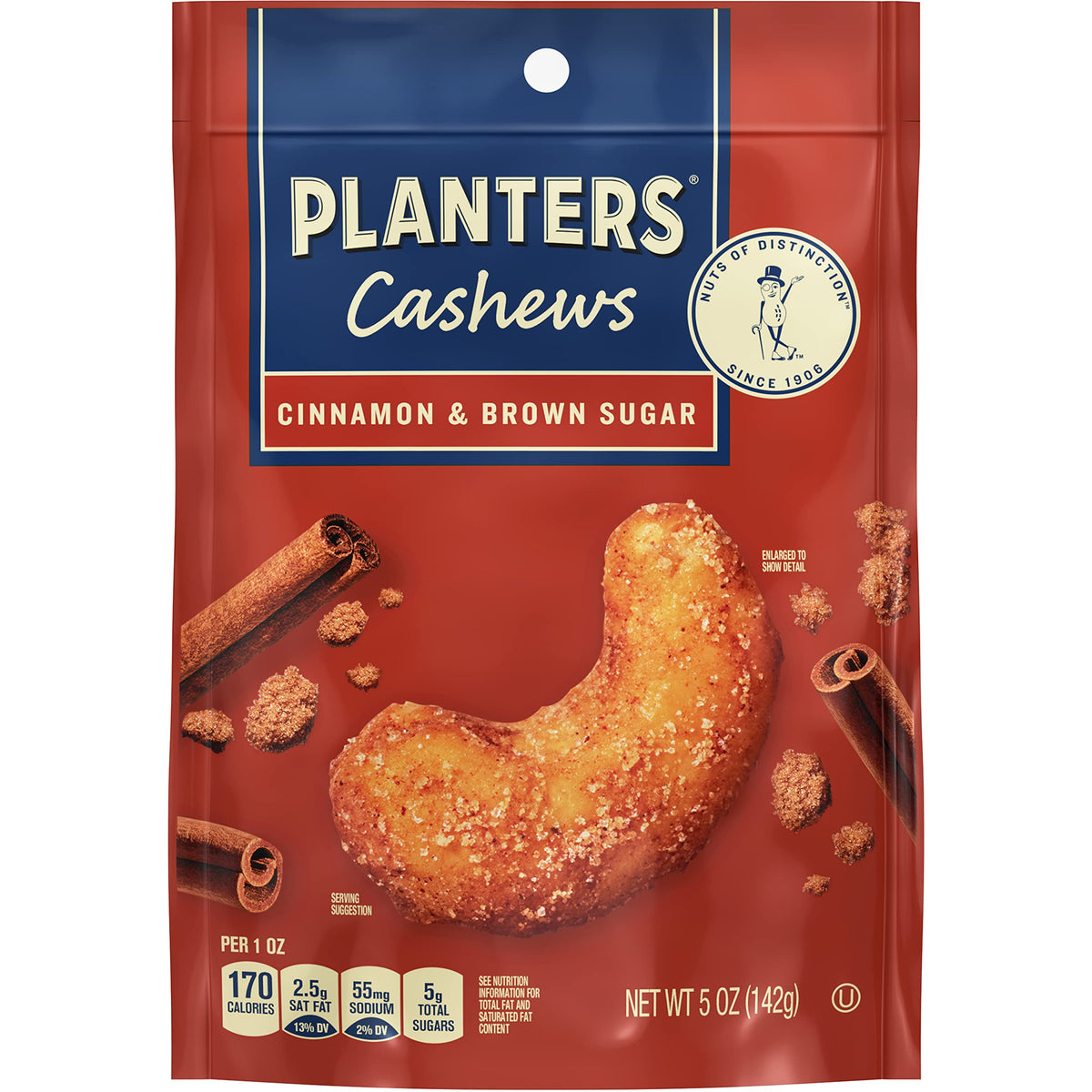 PLANTERS cashews cinnamon and brown sugar snack pack closeup with glossy candied coating for sharing