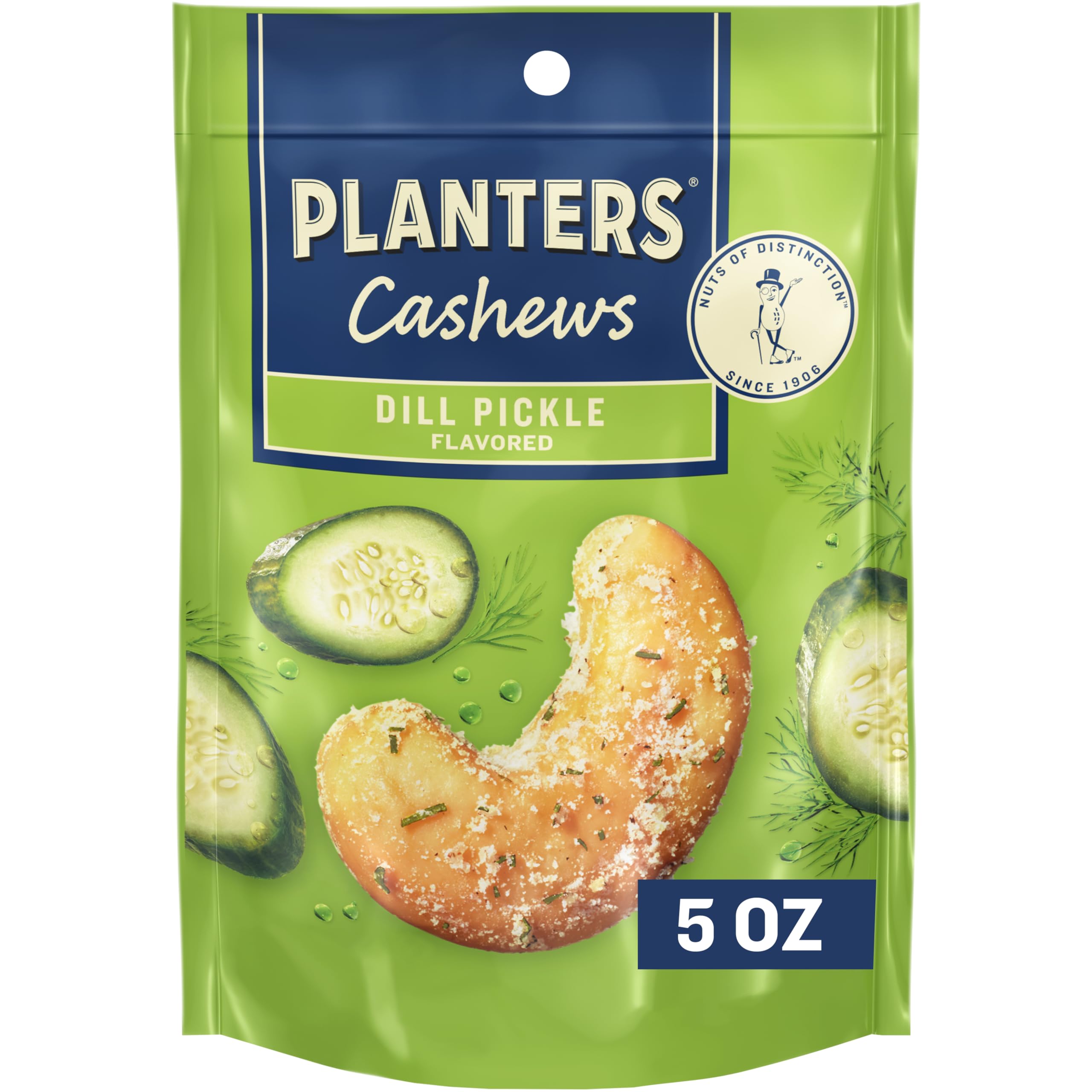 Planters Cashews Dill Pickle bag close-up showing creamy texture and bold dill flavor for quick snacking