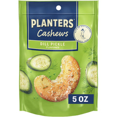 Planters Cashews Dill Pickle bag close-up showing creamy texture and bold dill flavor for quick snacking
