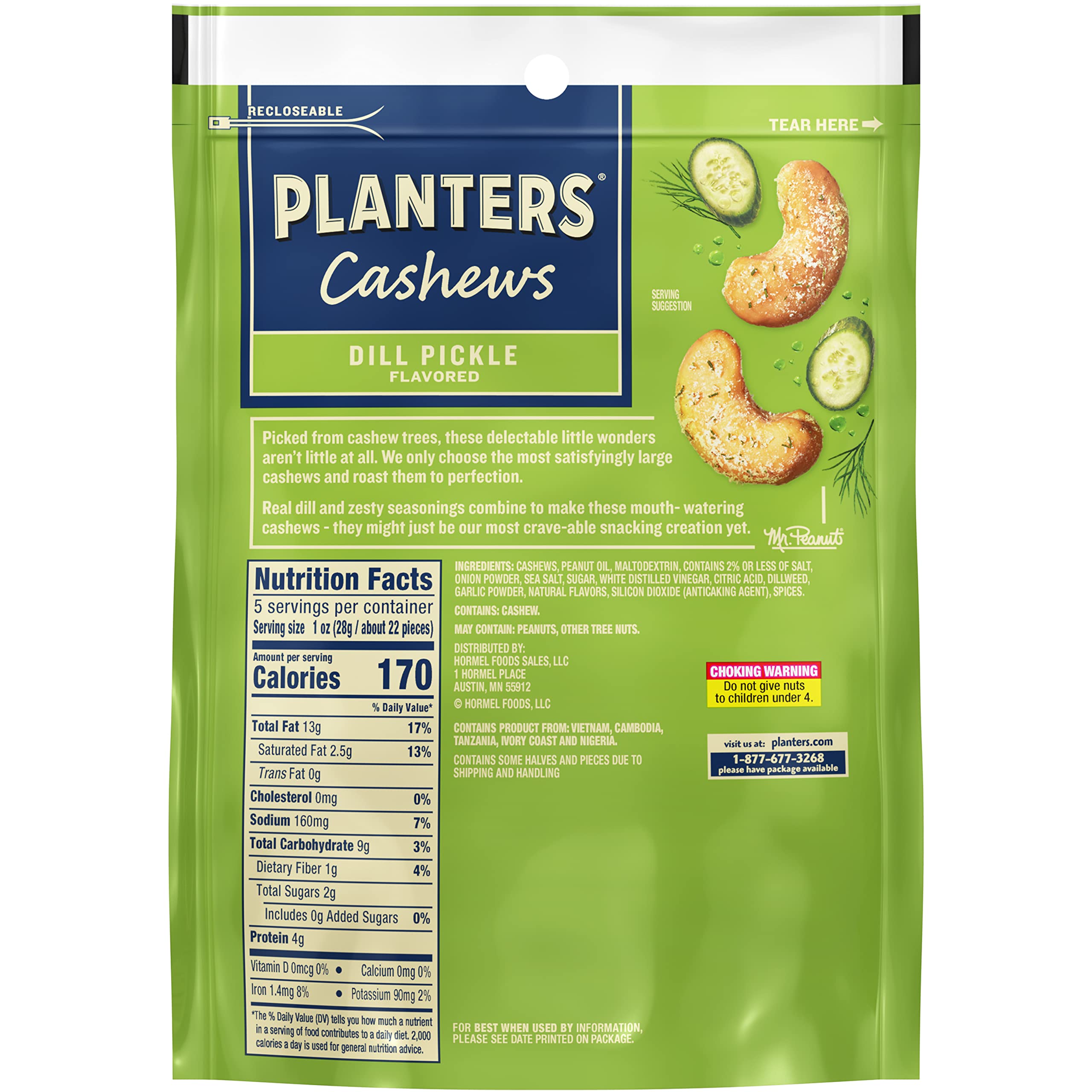 Ingredient close-up of Planters Dill Pickle cashews highlighting fresh flavors