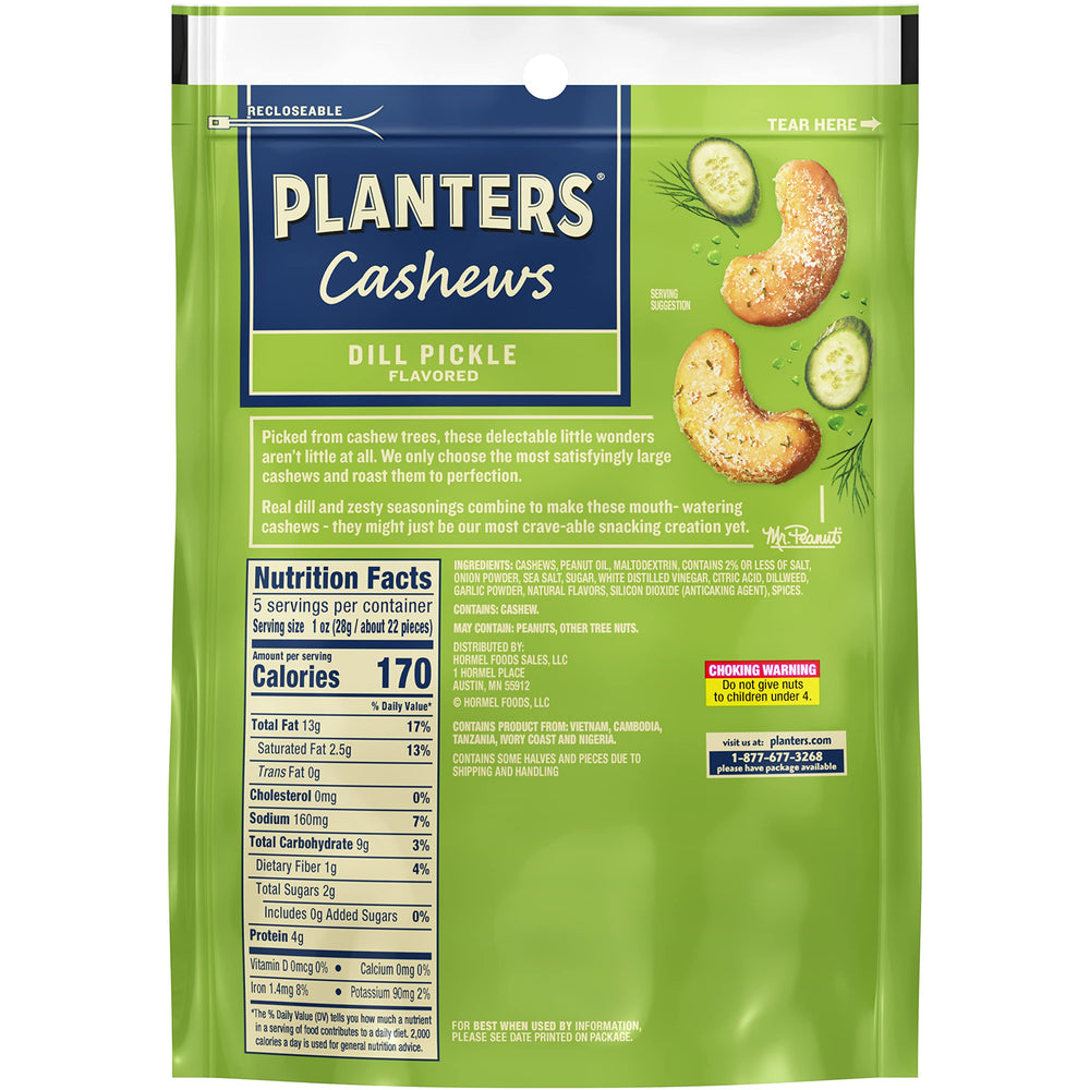 Ingredient close-up of Planters Dill Pickle cashews highlighting fresh flavors
