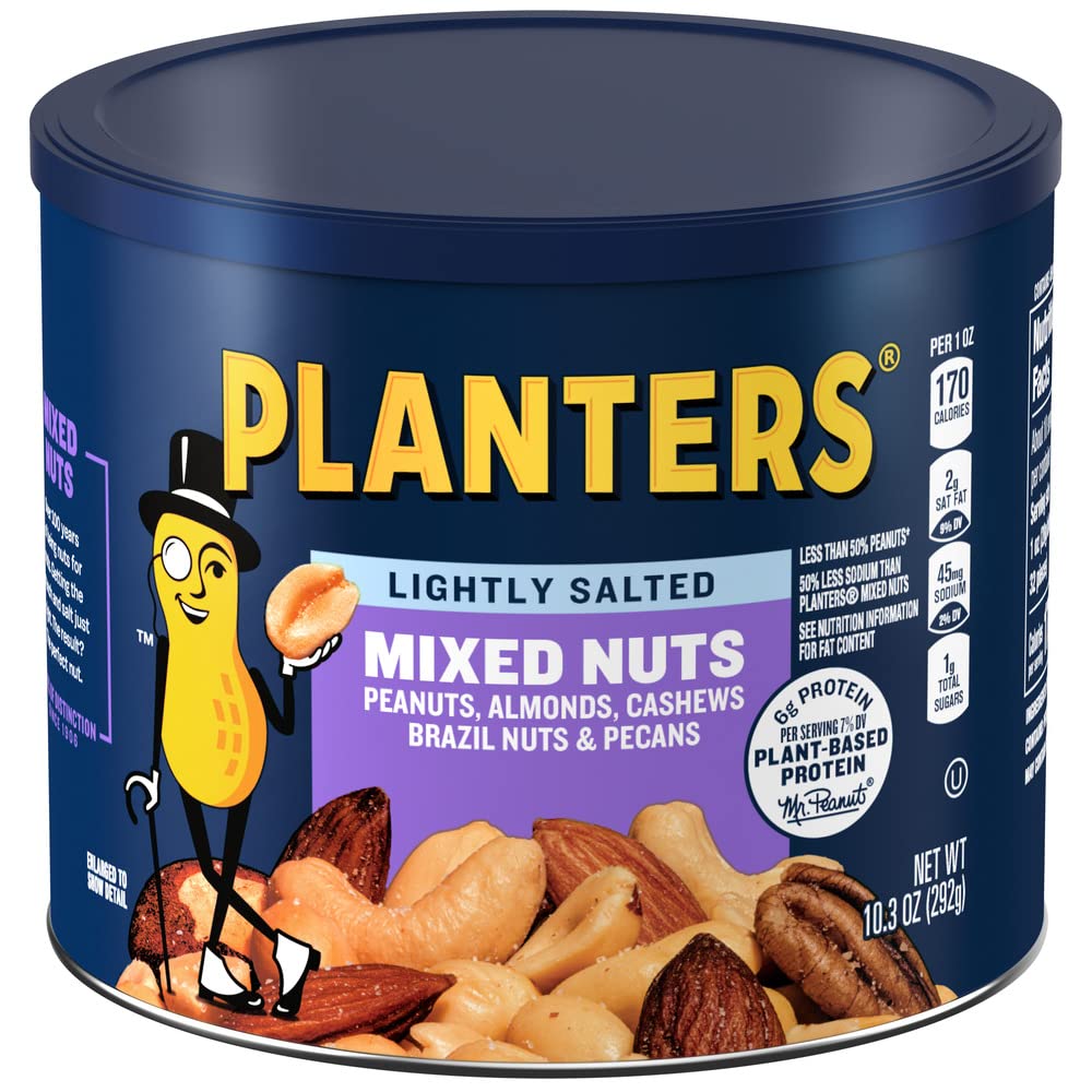 Planters Cashews Roasted Lightly Salted Mix Nuts canister showing balanced flavor and freshness.