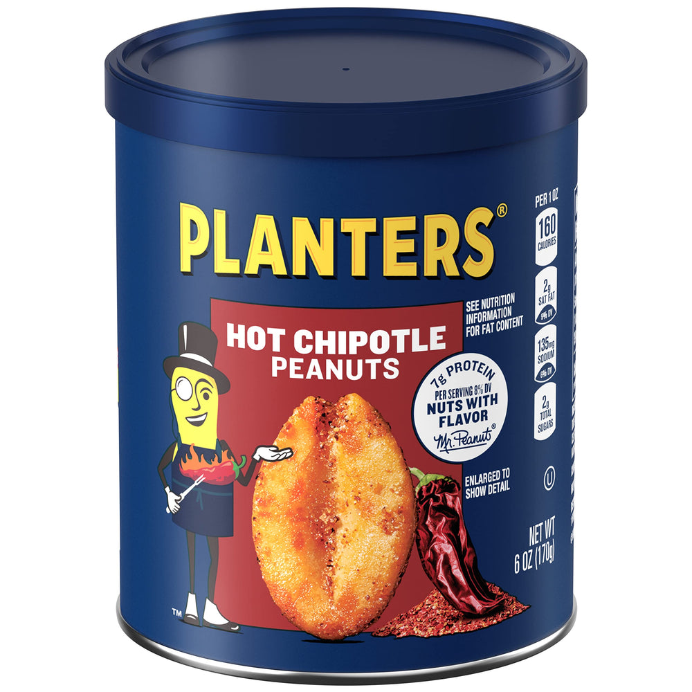 Planters Chipotle Peanuts 6 oz can side view showing spicy smoky crunch for snacking.