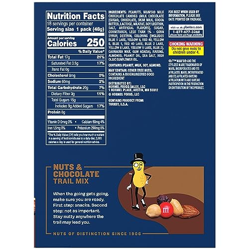 Planters Chocolate Trail Mix Nuts back panel – Kosher-friendly snack.