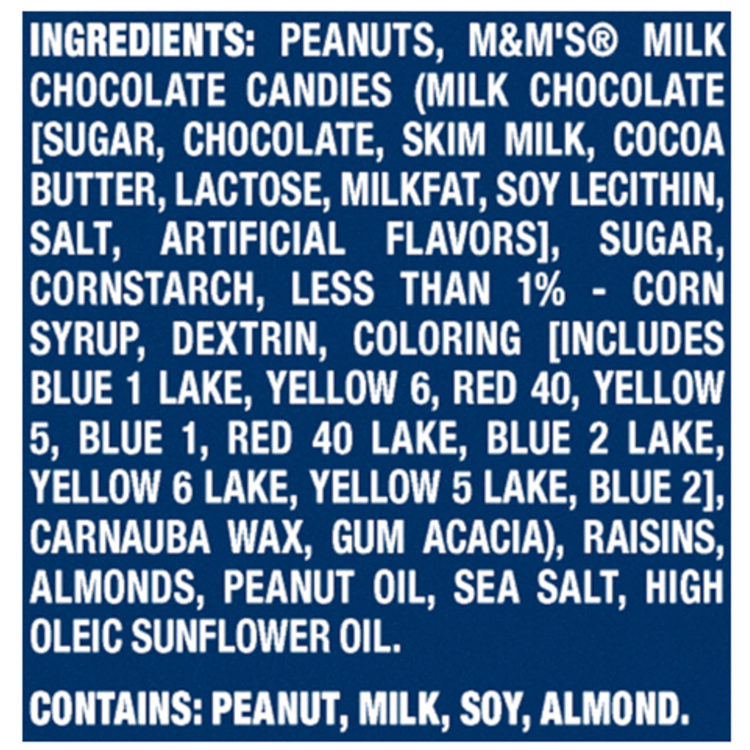 Planters Chocolate Trail Mix Nuts ingredients – highlights peanuts, almonds, raisins, M&M's.
