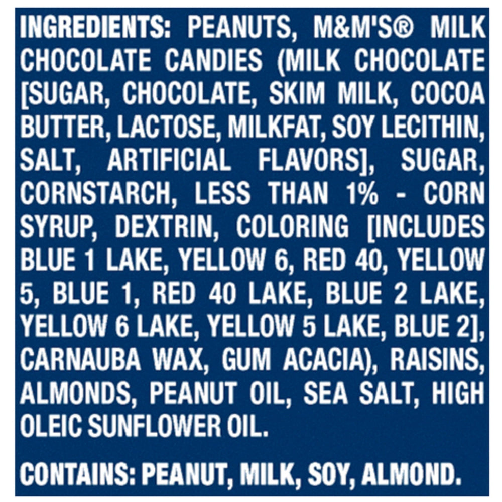 Planters Chocolate Trail Mix Nuts ingredients – highlights peanuts, almonds, raisins, M&M's.