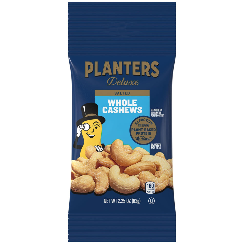 Planters Deluxe Cashews 12-pack display on store shelf