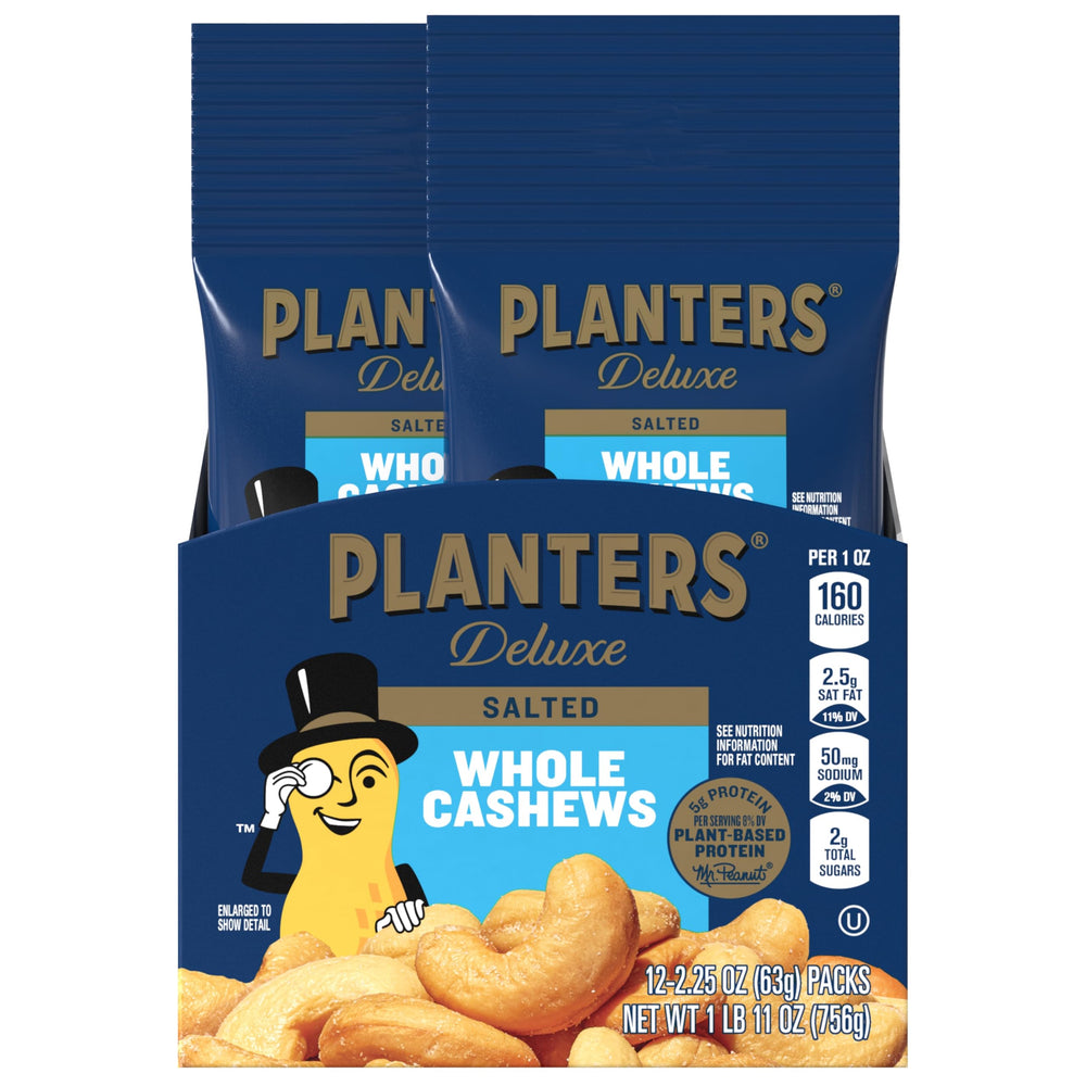 Planters Deluxe Cashews bag closeup, creamy roasted texture for everyday snacking