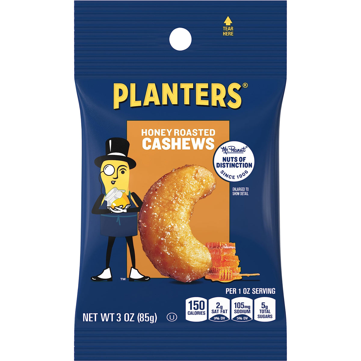 Planters Deluxe Honey Roasted Cashews bag front with crispy, honey-kissed nuts for on-the-go snacking.