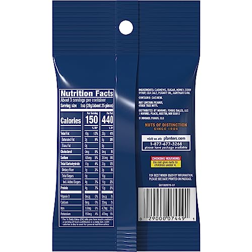 Planters Deluxe Honey Roasted Cashews bag side highlighting portable snack size.
