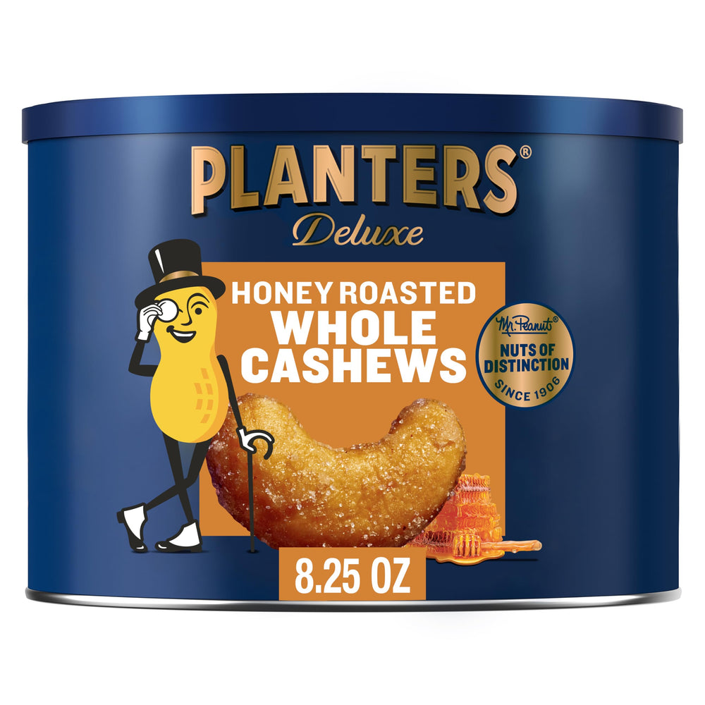 PLANTERS Deluxe Honey Roasted Cashews canister close-up showing airtight freshness for easy snacking.