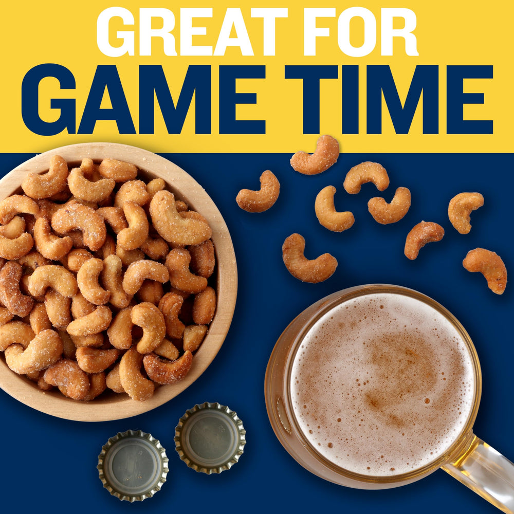 PLANTERS Deluxe Honey Roasted Cashews honey-glaze closeup highlights sweet-salty flavor