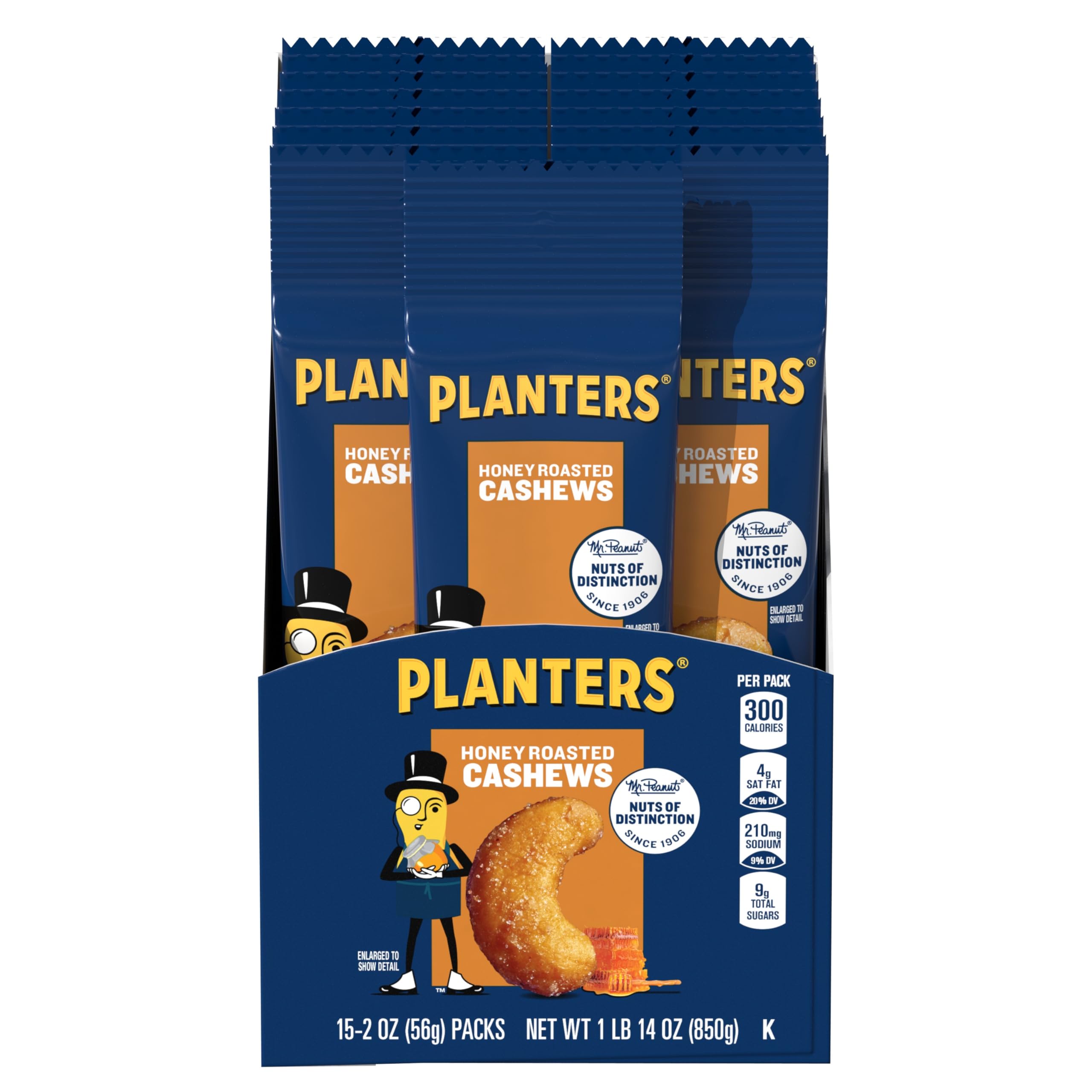 PLANTERS Deluxe Honey Roasted Cashews pack-15-front for on-the-go snack appeal