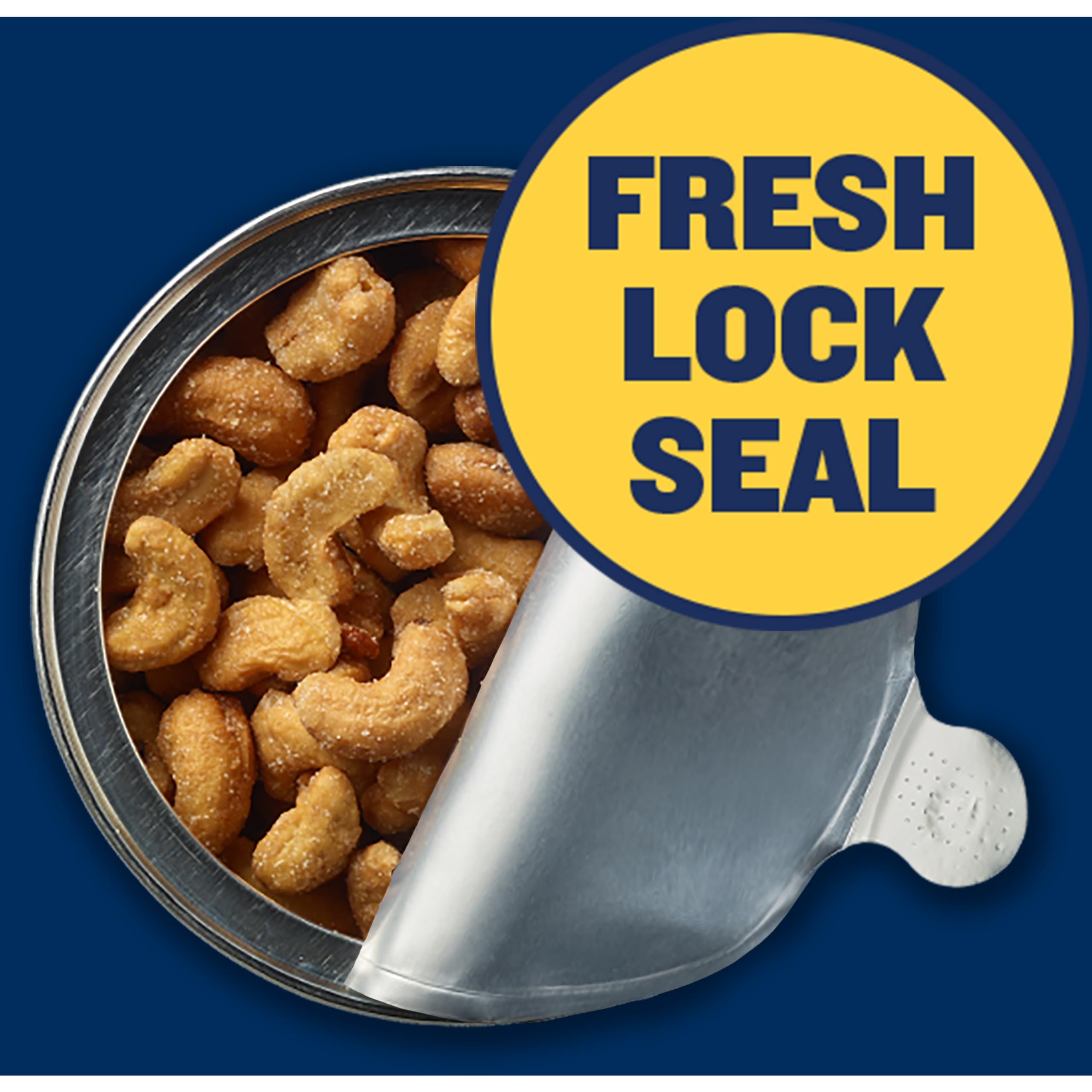 PLANTERS Deluxe Honey Roasted Cashews packaging shot emphasizes kosher status and freshness.