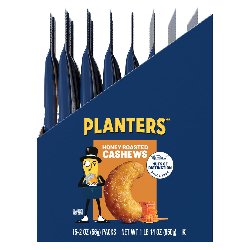 PLANTERS Deluxe Honey Roasted Cashews in a snack tray setup