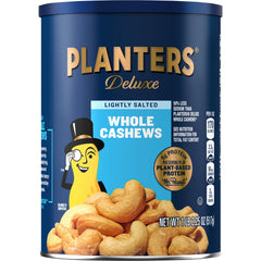 Planters Deluxe cashews in canister highlight freshness and convenient protein snacking for adults.