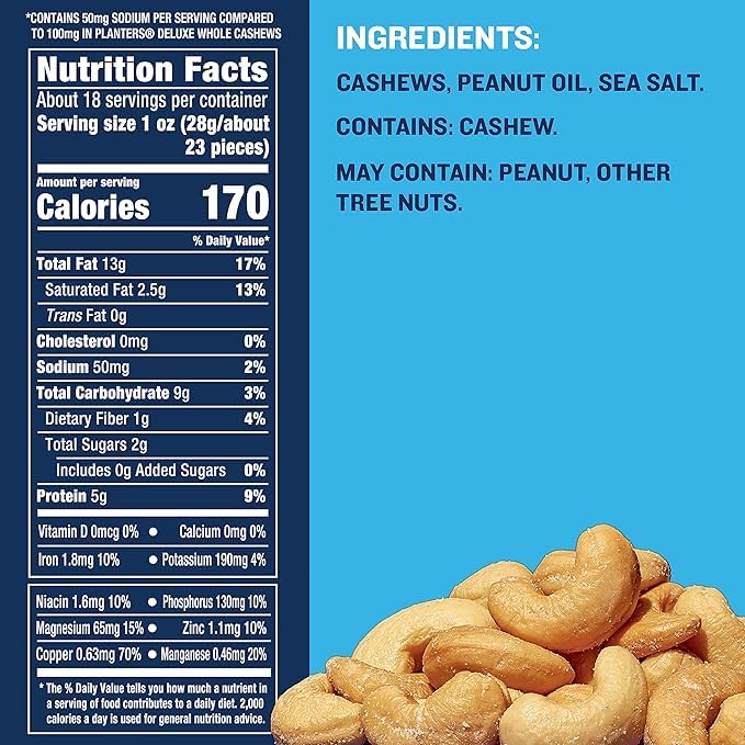 Planters Deluxe cashews closeup; crunchy snacking on-the-go for busy work or study sessions.