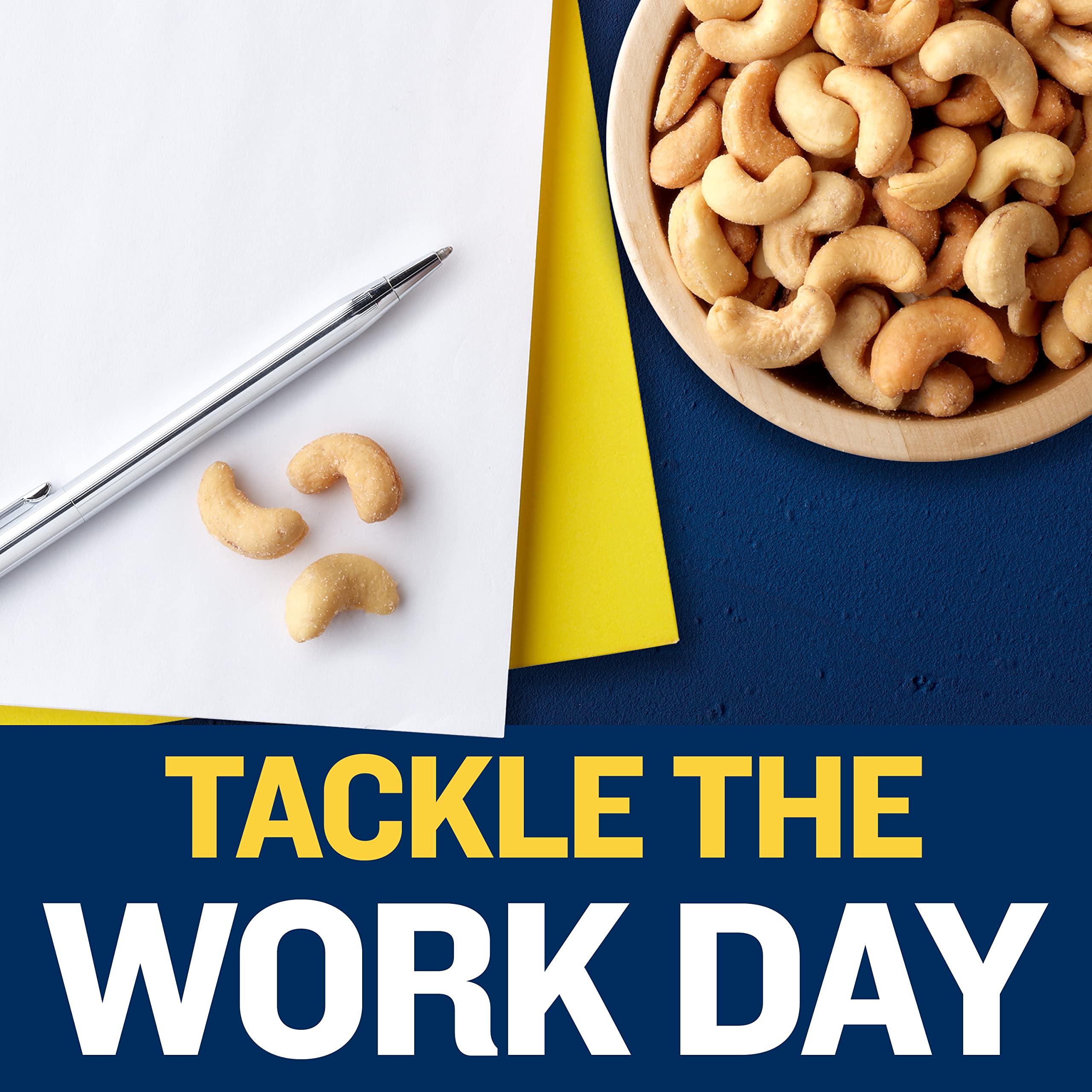 Planters Deluxe cashews at a desk; protein option to sustain focused work.