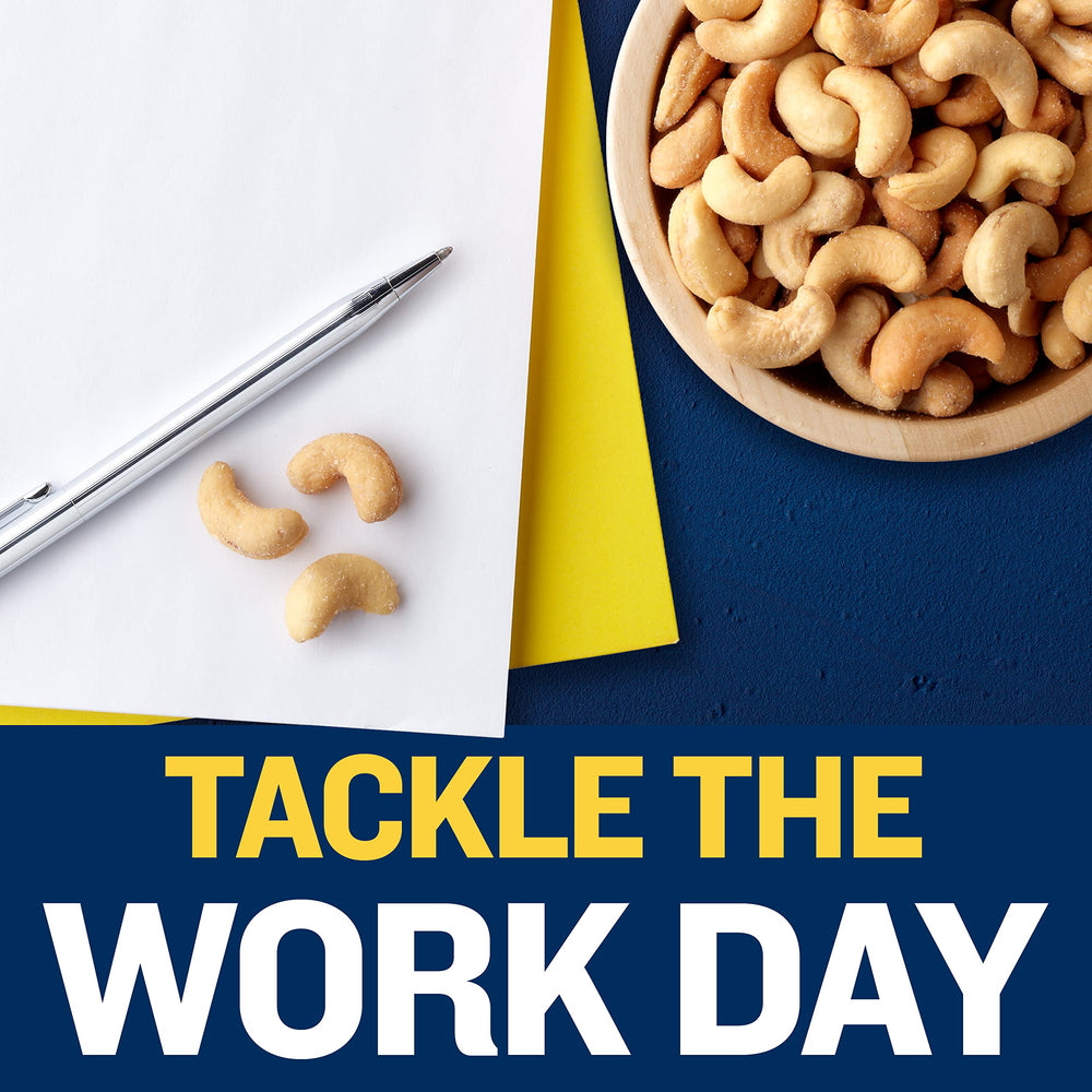 Planters Deluxe cashews at a desk; protein option to sustain focused work.