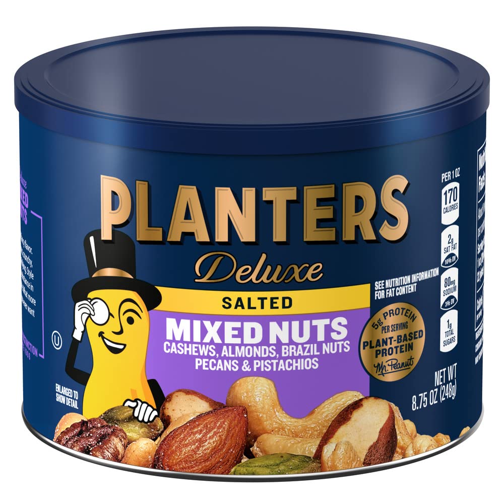 Planters Deluxe Mixed Nuts canister front view, resealable packaging for fresh snacking.