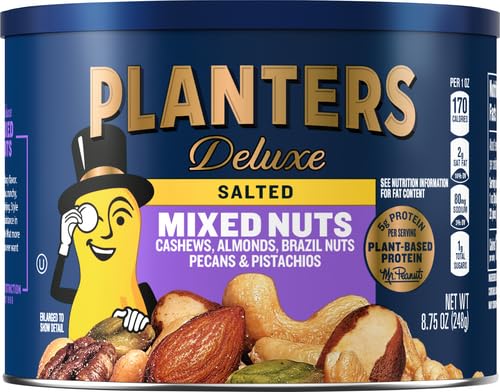 Planters Deluxe Mixed Nuts closeup ingredients showing nut blend.