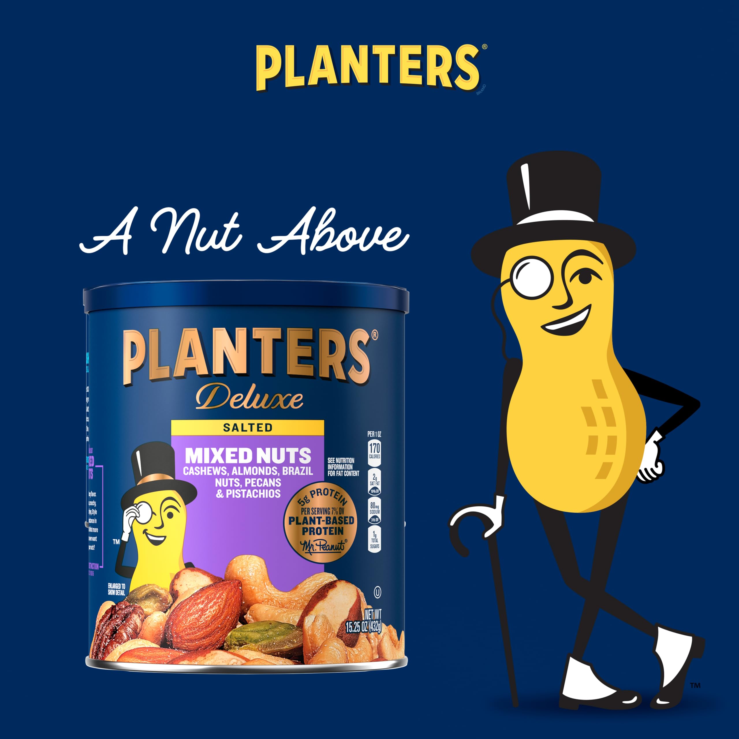 PLANTERS Deluxe Mixed Nuts pecans delivering rich texture in a snack mix.