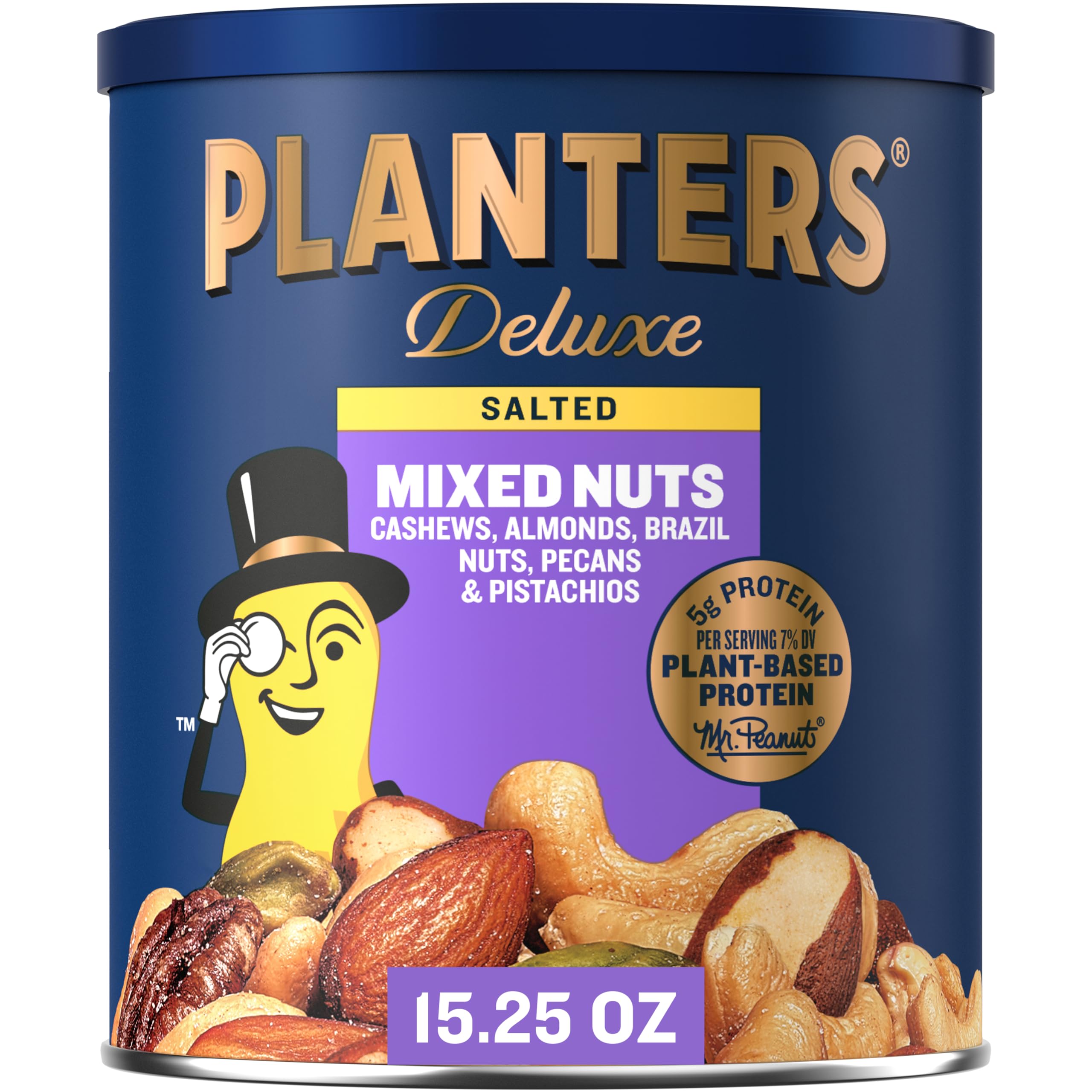 PLANTERS Deluxe Mixed Nuts with roasted cashews, ideal on-the-go protein snack.