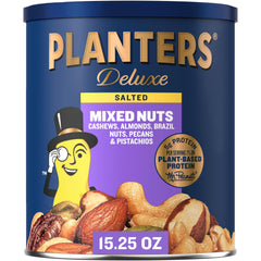 PLANTERS Deluxe Mixed Nuts with roasted cashews, ideal on-the-go protein snack.
