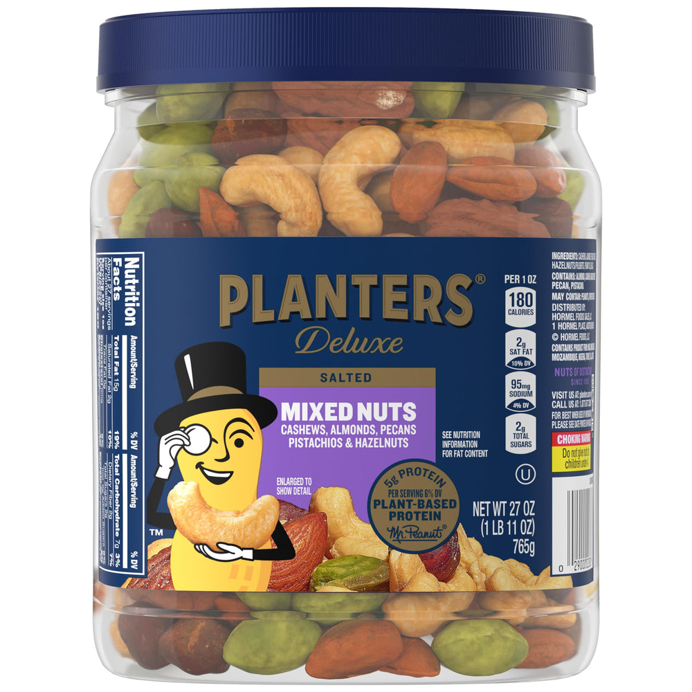 PLANTERS Deluxe Mixed Nuts with Sea Salt in a resealable container for freshness.