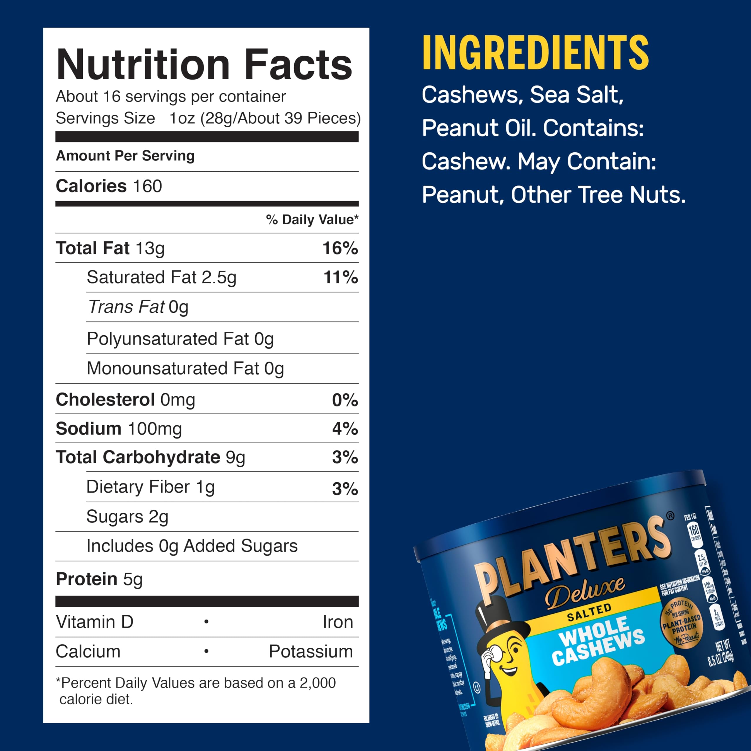 Planters Deluxe Salted Whole Cashews canister close-up showing roasted texture