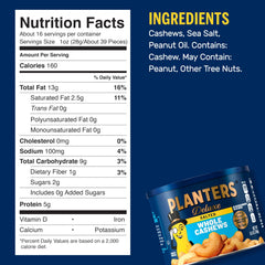 Planters Deluxe Salted Whole Cashews canister close-up showing roasted texture