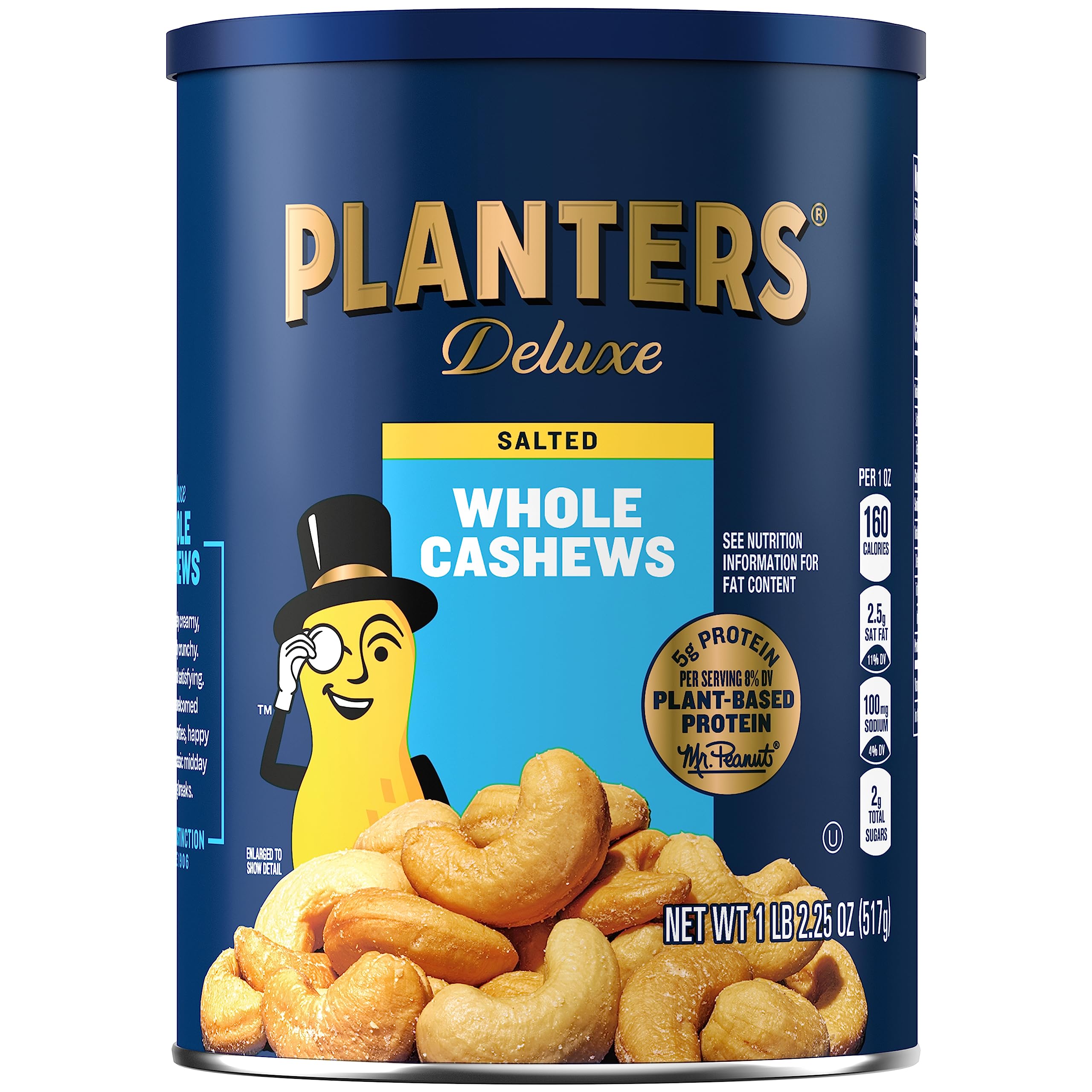 Planters Deluxe Salted Whole Cashews canister with creamy crunch and reseal for fresh snacking