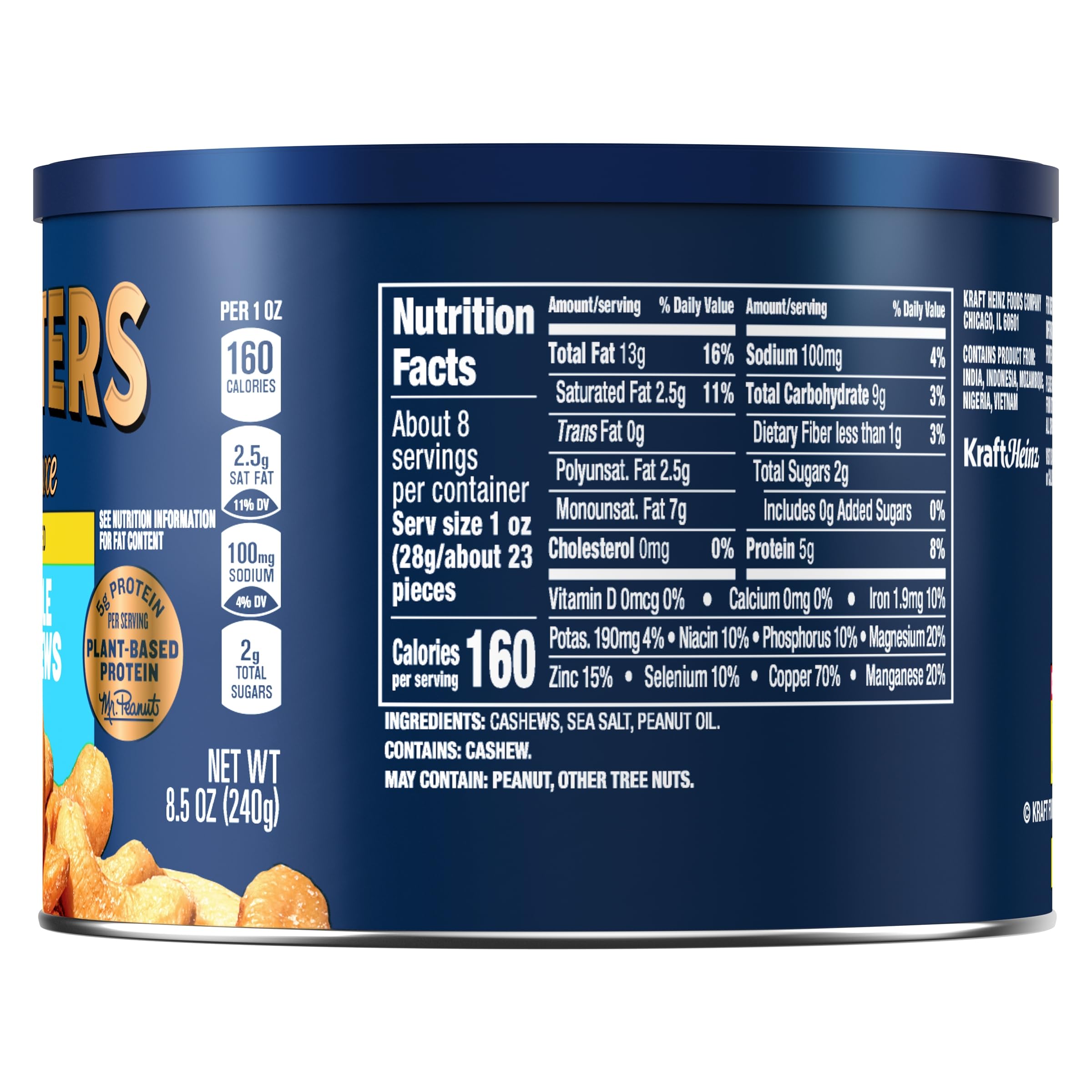 Planters Deluxe Salted Whole Cashews nutrition label highlights protein per serving