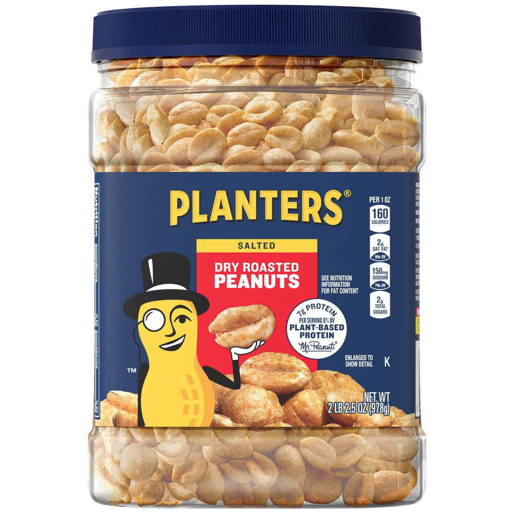 Planters dry roasted peanuts jar front view, ideal for quick home snacks