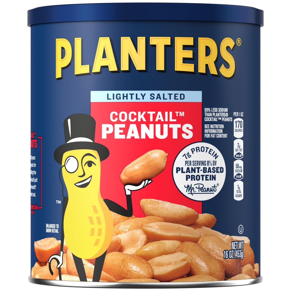 PLANTERS dry roasted peanuts in a resealable jar with lightly salted flavor for easy snacking.