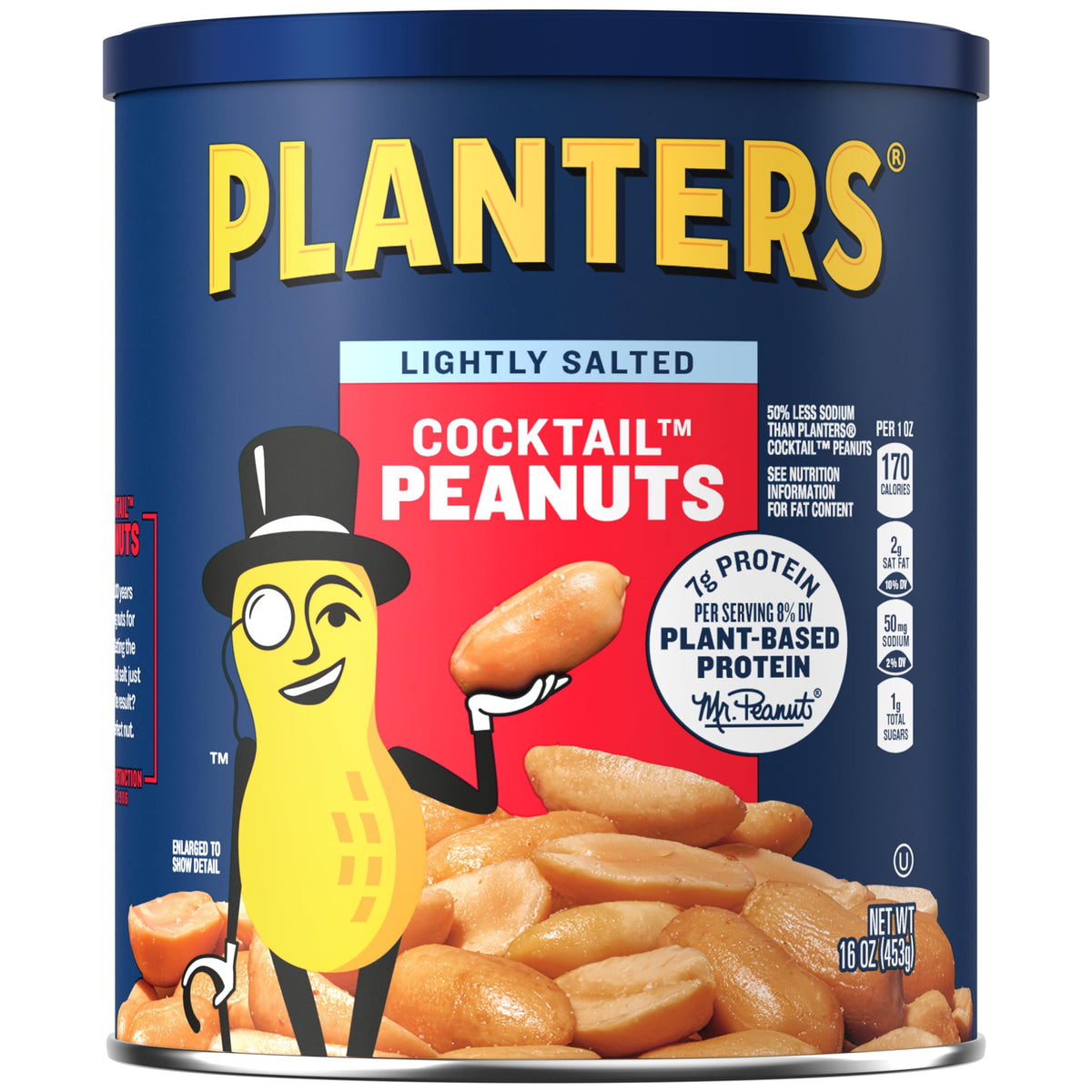 PLANTERS dry roasted peanuts in a resealable jar with lightly salted flavor for easy snacking.