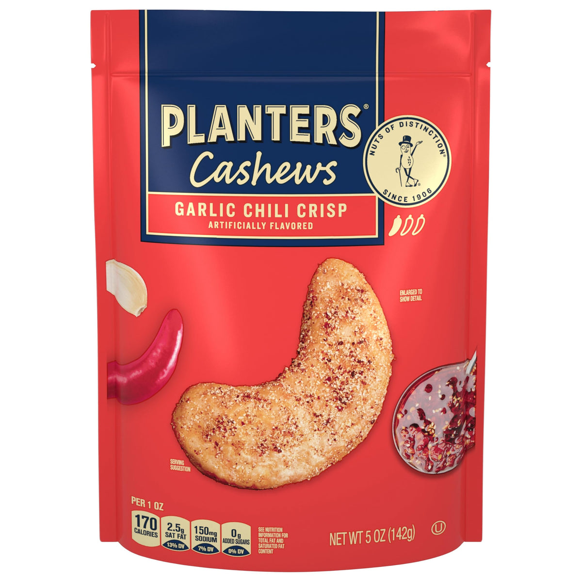Planters Garlic Chili Crisp Cashews bag; bold flavor for entertaining and everyday snacking.