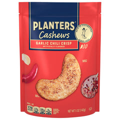 Planters Garlic Chili Crisp Cashews bag; bold flavor for entertaining and everyday snacking.