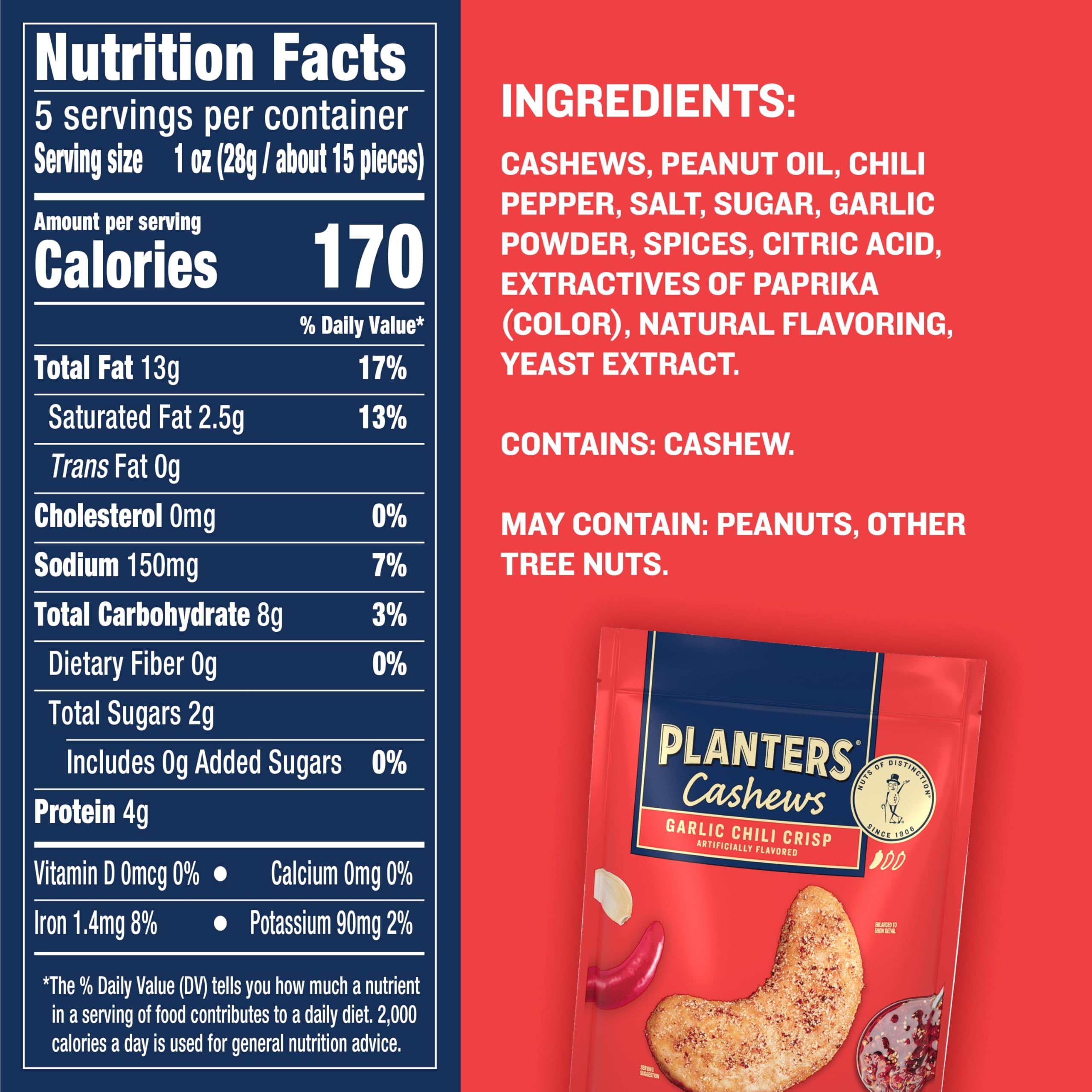 Planters Garlic Chili Crisp Cashews pieces; savory crunch ideal for sharing.